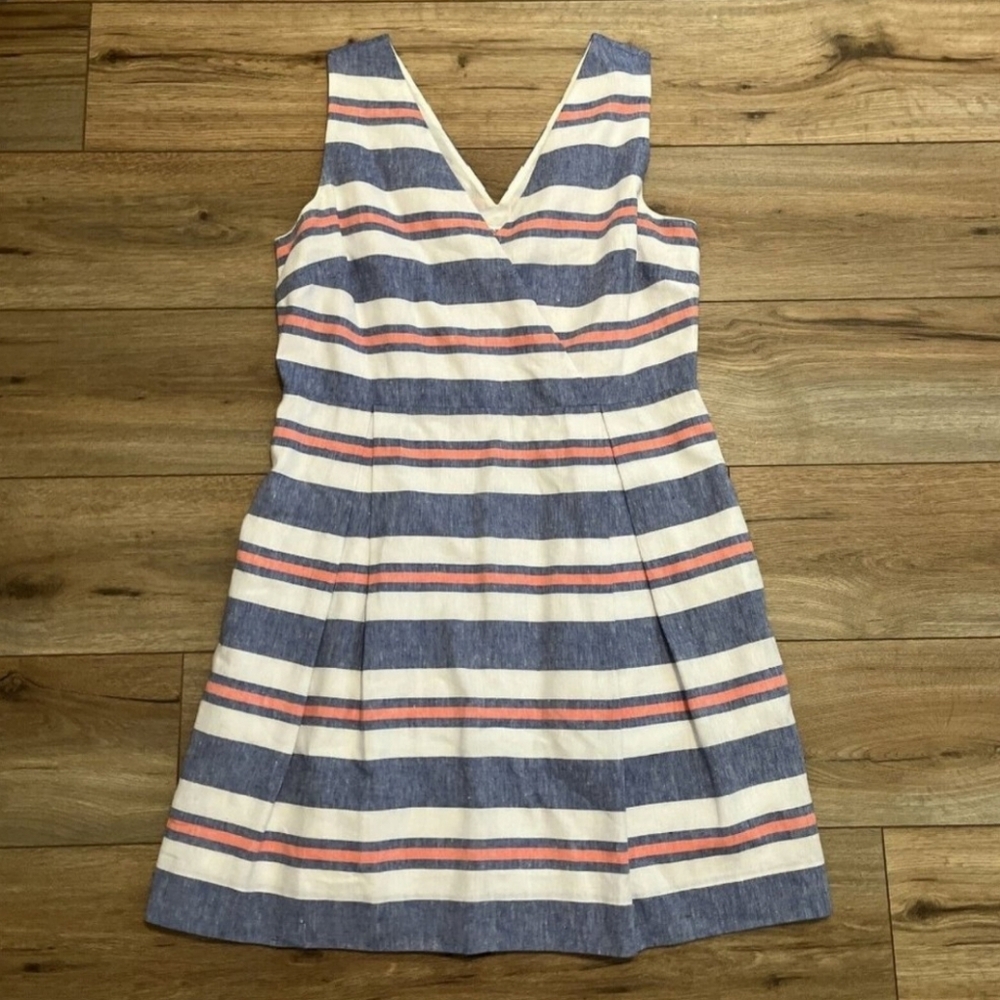 Vineyard Vines Sundress SZ 14 Linen Blue White Orange Stripe Lined V Neck Lined